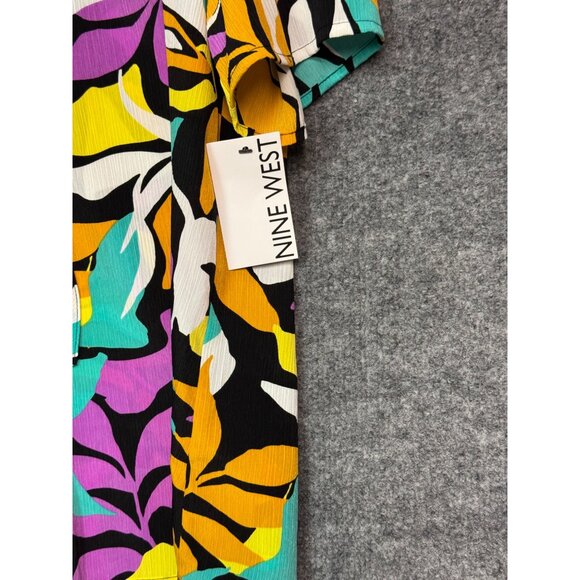 Nine West Top Women’s M Multicolor Abstract Leaf Print Short Sleeve Tie Neck Top - Picture 9 of 12